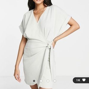 ASOS DESIGN textured short sleeve mini wrap dress in gray